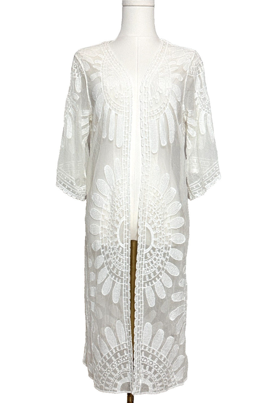 Rebellion Embroidered Sheer Duster Kimono 3/4 Sleeve Open Front Ivory Small